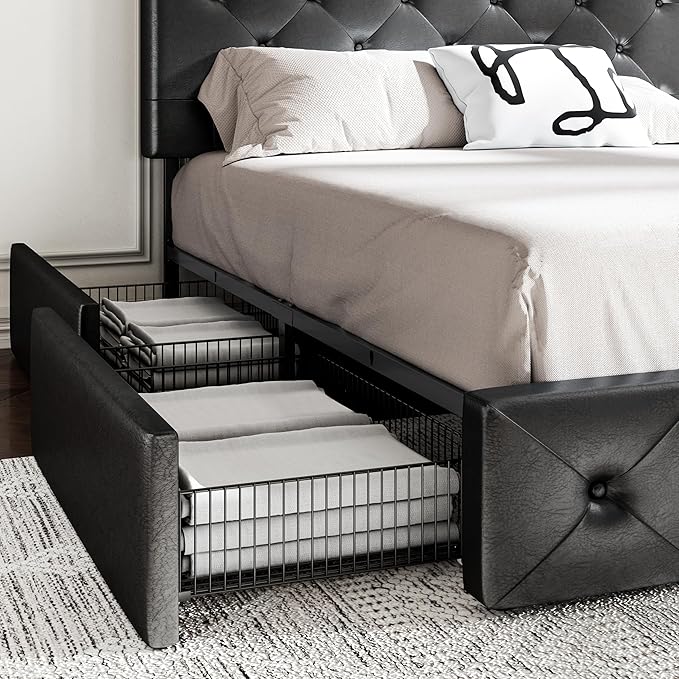 MUTICOR Full Size Bed Frame with 4 Storage Drawers, Upholstered Platform Bed with Button Tufted Adjustable Headboard, No Box Spring Needed, Easy Assembly, Diamond Tufted, Black Leather