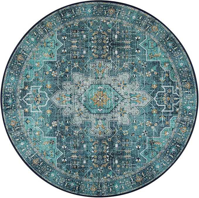 Moynesa Ultra-Thin Washable Round Rug - 6ft Teal Large Living Room Circle Area Rugs, Vintage Dining Room Mat Stain Resistant Nursery Carpet for Bedroom Mudroom Kitchen Apartment Home Office