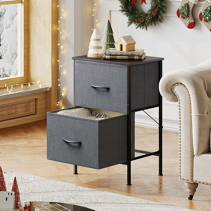 WLIVE Night Stand, Small Dresser with 2 Drawers & Wooden Top, Nightstand with Fabric Bins, Bedside Table End Table for Bedroom, Closet, Entryway, College Dorm, Charcoal Black