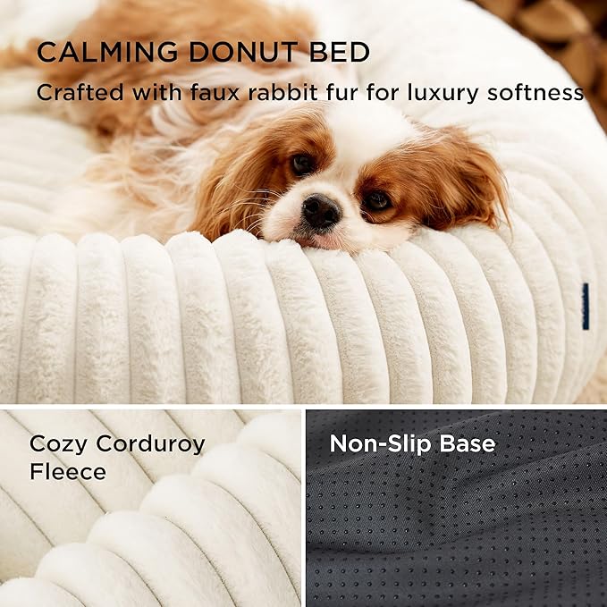 Bedsure Donut Small Dog Bed - Dog Beds for Small Dogs with Corduroy Fleece & Anti Slip Bottom, Round Faux Fur Pet Beds with Washable Removable Cover, Cream, 23x23x7 inches