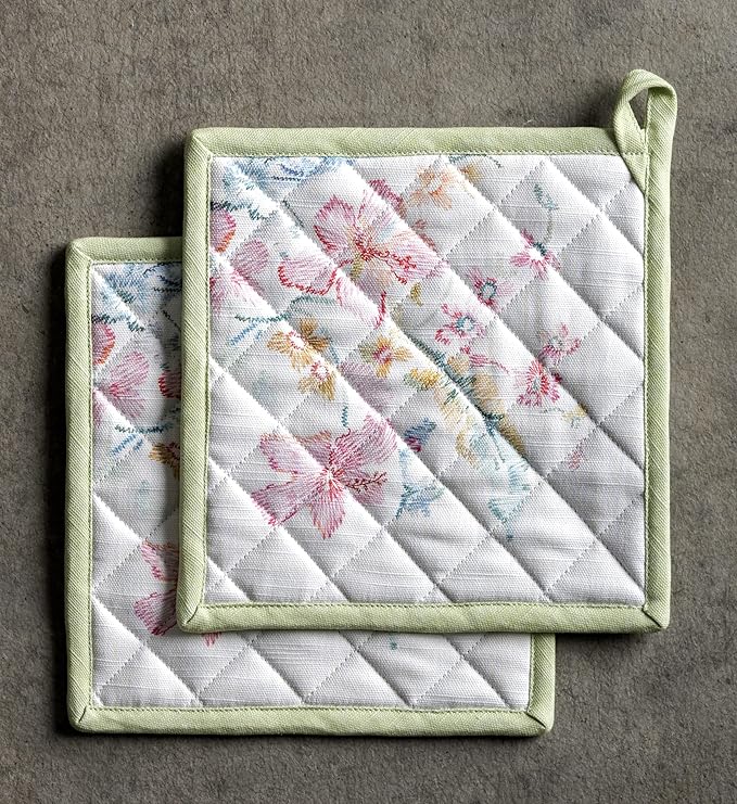 Maison d' Hermine Pot Holders set 100% Cotton Heat Resistant Potholders 8" x 8" Hot Pads with Loop BBQ, Cooking, Baking, Grilling, Kitchen, Handling Hot Pans Spring/Summer (Pack of 2, Paradise Island)