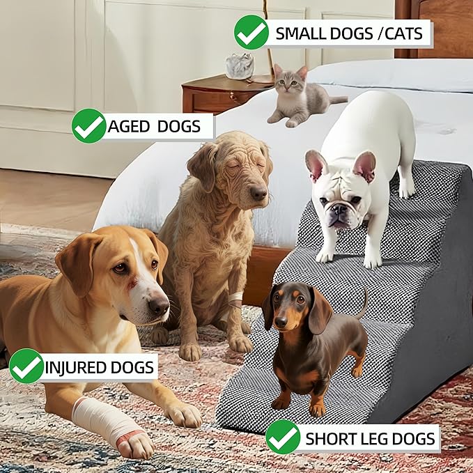 5 Step Pet Stairs Ramp for High Beds Sofas 5-30 Inch with Sturdy Non Slip Waterproof Pads, Machine Washable Cover Indoor Balanced Design for Cats Dogs Small Medium Large XL Pets Grey (Black, Large, 1)