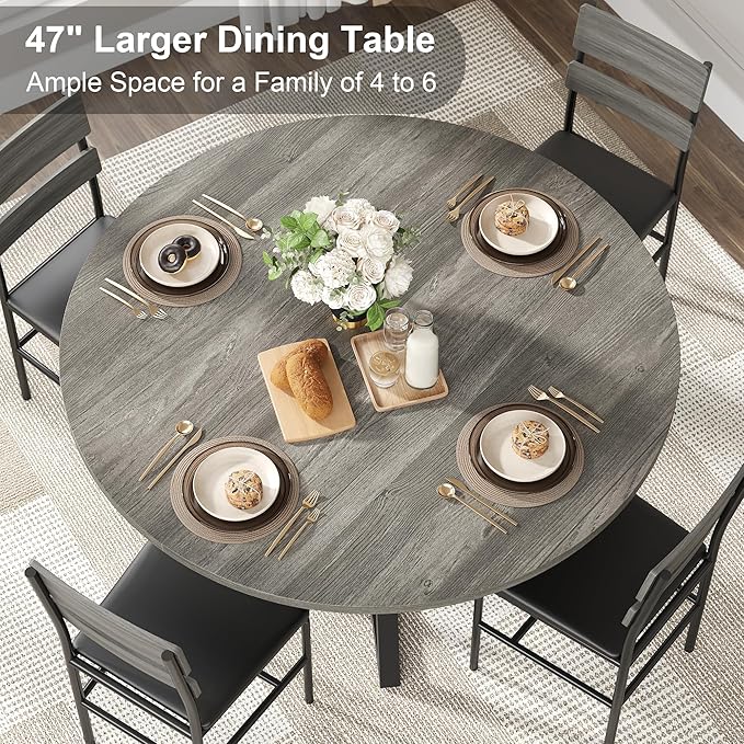Round Dining Table for 4, Kitchen Tables Dining Room Circle Dinner Table with Pedestal Metal Frame, Space Saving Wood Industrial Kitchen & Dining Room Tables, Grey 47In