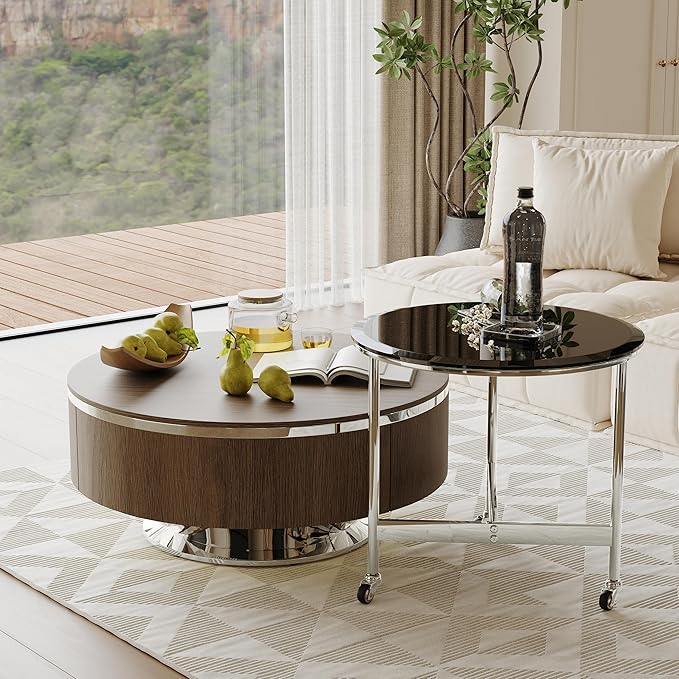 31.5 Inch Round Walnut Coffee Table with Hidden Storage Drawers and Silver Polished Stainless Steel Base, Modern Coffee Table Set with Rolling Side Table for Living Room