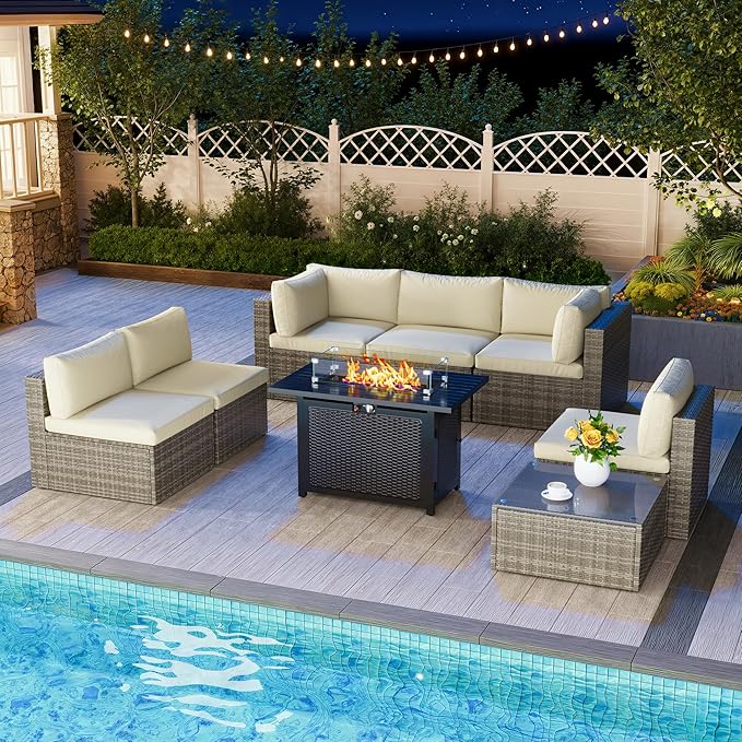 8 Pieces Outdoor Patio Furniture Set with 43" Fire Pit Table, Wicker Outdoor Patio Sectional Sofas with Cushions and Coffee Table, All-Weather Patio Conversation Set for Garden Backyard, Beige