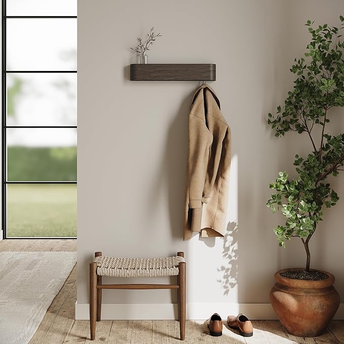 Kazai. Wall-Mounted Coat Rack 'Toke' - Modern Design Coat Rack with Hidden Wall Hooks - Solid Wood Veneer Panel Coat Hanger - Oak, Dark