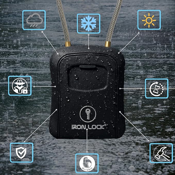 Iron Lock® Key Lock Box Portable with Cable Shackle & Wall Mount – Waterproof Metal Lock Box for Keys with 4-Digit Combination & Resettable Code – Indoor/Outdoor Key Safe (Black, Medium)