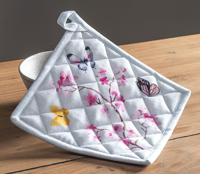 Maison d' Hermine 100% Cotton Oven Mitt & Pot Holder Set (7.5"x13" & 8"x8") Heat Resistant BBQ Cooking Gloves with Loop, Baking, Grilling, Kitchen, Handling Hot Pans Spring/Summer (Blossoms In Spring)