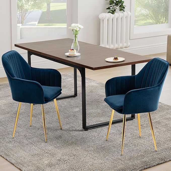 ECOTOUGE Matte Velvet Dining Chairs Set of 2, Modern Arm Chair with Golden Metal Legs, Living Room Accent Chairs for Kitchen, Blue