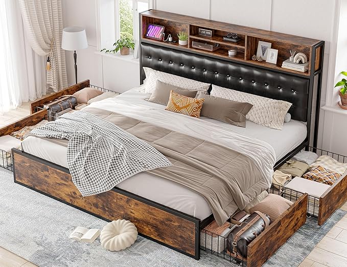EnHomee King Size Bed Frame with 4 Storage Drawers, King Bed Frame and Headboard Built in Charging Station,No Noise,No Box Spring Needed,Vintage Brown