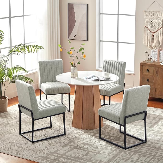VKNOW Upholstered Dining Chairs, Modern Dining Room Chairs with Stripe, Linen Kitchen Chair Dinner Chair with Black Metal Base for Kitchen Office, Light Grey
