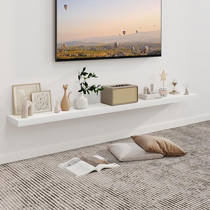 Fun Memories 72Inch Floating Shelves,Wall Mounted Rustic Wood Floating Shelf with Invisible Brackets for Storage & Decor,2 Pack Shelves for Bathroom,Bedroom and Kitchen,White