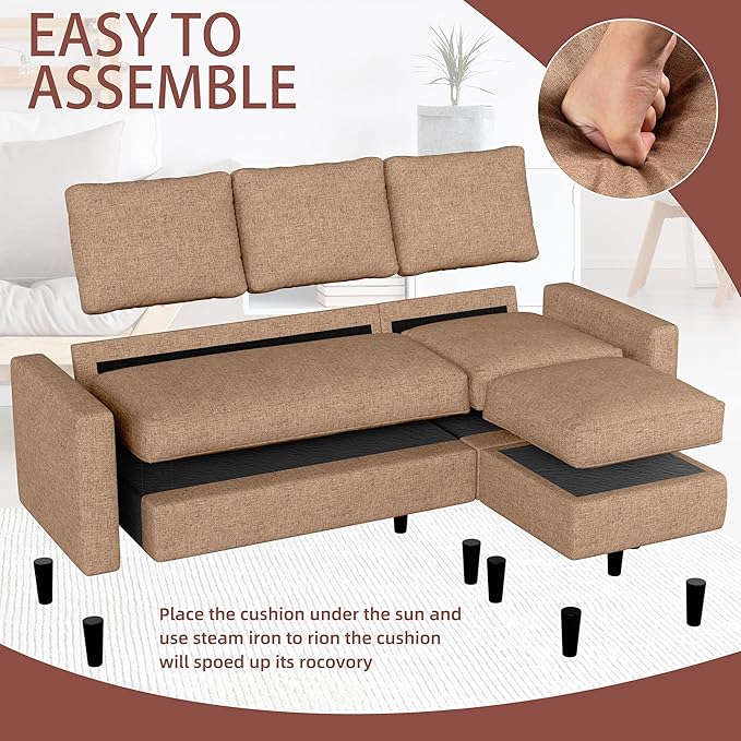 Nuturelly Convertible Sectional Sofa Couch with Movable Ottoman, 3-Seater Modern L-Shaped Sofa for Small Spaces, Soft Fabric Couch for Living Room, Small Apartment & Office(Brown)