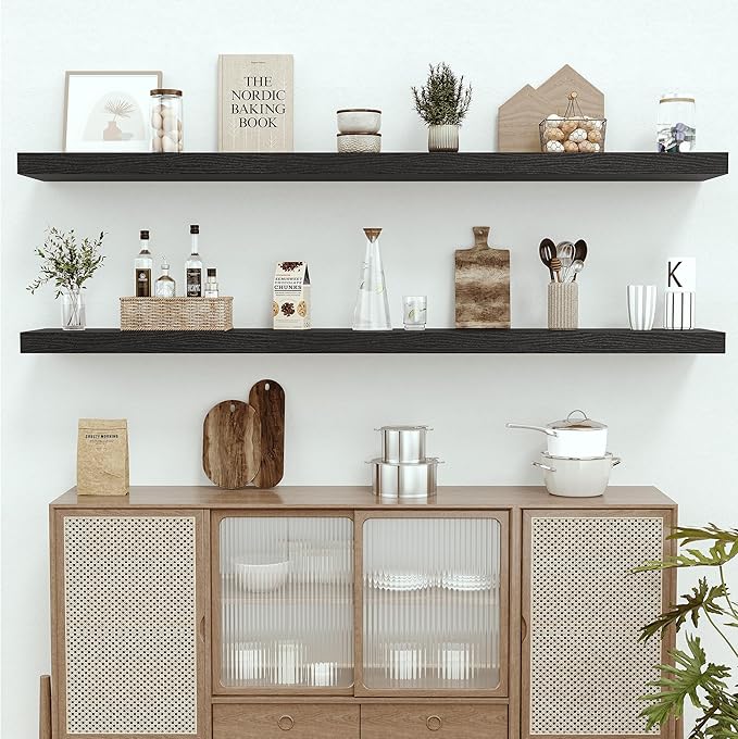 Vivelove 72 Inches Floating Shelves Wall Mounted, 12" Deep Wall Shelves for Bedroom, Bathroom, Living Room, Kitchen, Office, Home Decor, Modern Shelf, Set of 1, Black, 72x12x2