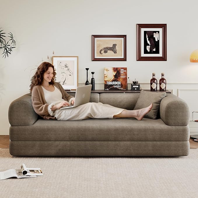 Boneless Couch Sectional Sofa,Convertible Sofa Bed with Sleeper Sofa,Futon Floor Couch Folding Sofas for Living Room,Bedroom,Apartment (Camel, 78.8''W)