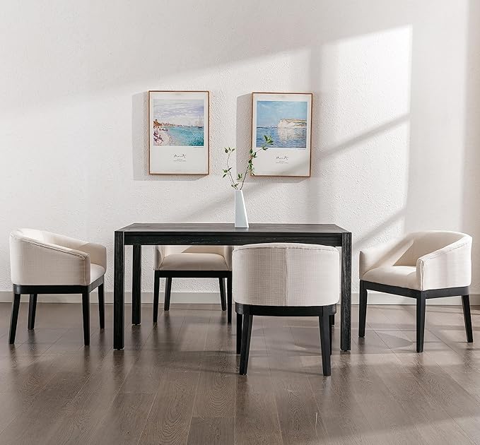 Beige Dining Chairs Set of 4 Mid-Century Modern Dining Chair Linen Upholstered Kitchen Dining Room Chairs, Curved Backrest Dining Chairs with Black Wood Legs