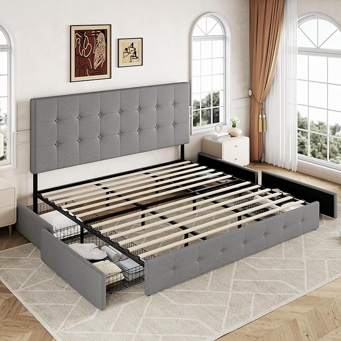 Allewie Upholstered King Size Platform Bed Frame with 4 Storage Drawers and Headboard, Square Stitched Button Tufted, Mattress Foundation with Wooden Slats Support, No Box Spring Needed, Light Grey