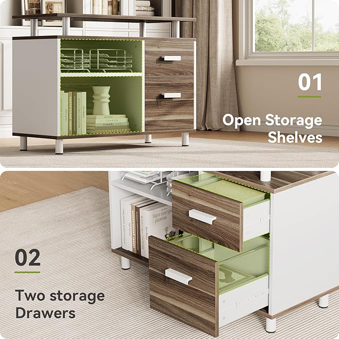 LITTLE TREE Large Computer Desk with File Cabinet, 63 Inch Executive Desk L Shaped Office Desk with Drawers and Storage Shelves, Business Furniture Desk Workstation for Home Office