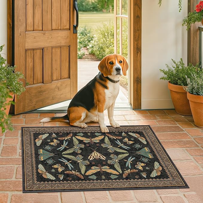 Small Black Entryway Runner Rug - 2x4 Front Door Rug Indoor Entrance, Small Waterproof Carpet for Kitchen Floor, Bathroom, Powder Room, Washable Low Pile Non Slip, Insect Print Multi Color Home Décor