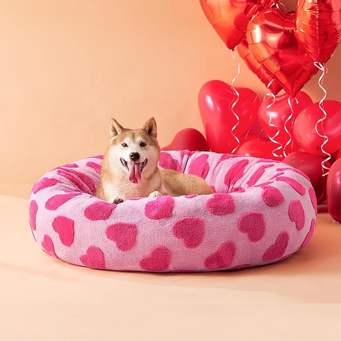 Lesure Donut Large Dog Bed - Round Cat Beds for Indoor Anti-Anxiety Calming Pet Beds, Washable Cute Modern Beds with Teddy Sherpa Plush & Anti Slip Bottom, 36 Inch, Heart Pink