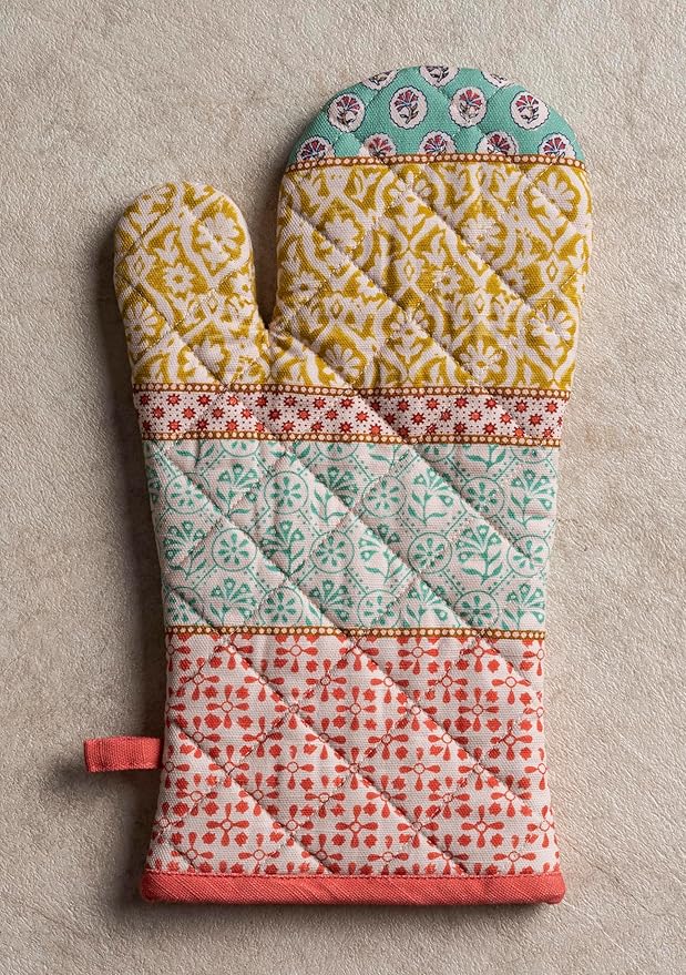 Maison d' Hermine 100% Cotton Oven Mitt & Pot Holder Set (7.5"x13" & 8"x8") Heat Resistant BBQ Cooking Gloves with Loop, Baking, Grilling, Kitchen, Handling Hot Pans Spring/Summer (Provence)