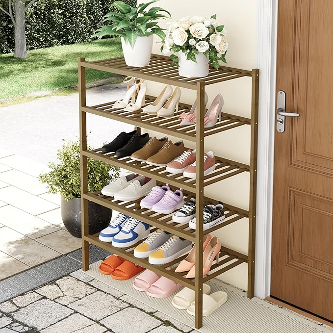 Smiry Shoe Rack, 5 Tier Thick Bamboo Shoe Organizer, Stackable Free Standing Wooden Shoe Storage Shelf for Closet, Entryway, Front Door Entrance, Walnut