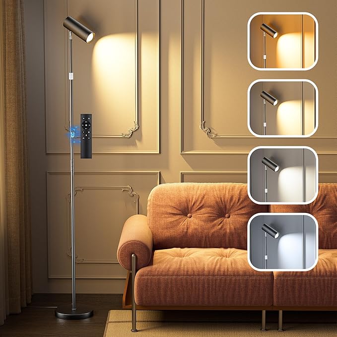 Adjustable Floor Lamp, SIBRILLE Modern Stepless Dimmable Torchiere Tall Lamp with Remote Control, 350°Rotating Head Standing Lamp, Reading Floor Lamp for Living Room, Bedroom, Office & Wall Art, Black