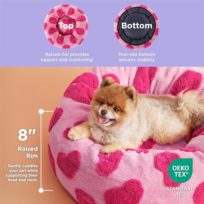 Lesure Donut Small Dog Bed - Round Cat Beds for Indoor Cats Anti-Anxiety Calming Pet Beds, Washable Cute Modern Beds with Teddy Sherpa Plush & Anti Slip Bottom, 23 Inch, Heart Pink