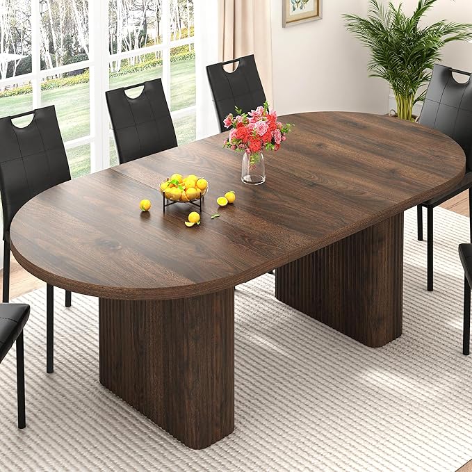 70.8 in Dining Table for 4 5 6 | Modern Walnut Rectangular Kitchen Table W/Waterproof Wood Tabletop,Farmhouse Long Dining Room Tables W/Foot Pads&Wood Strip Base for Kitchen Living Room