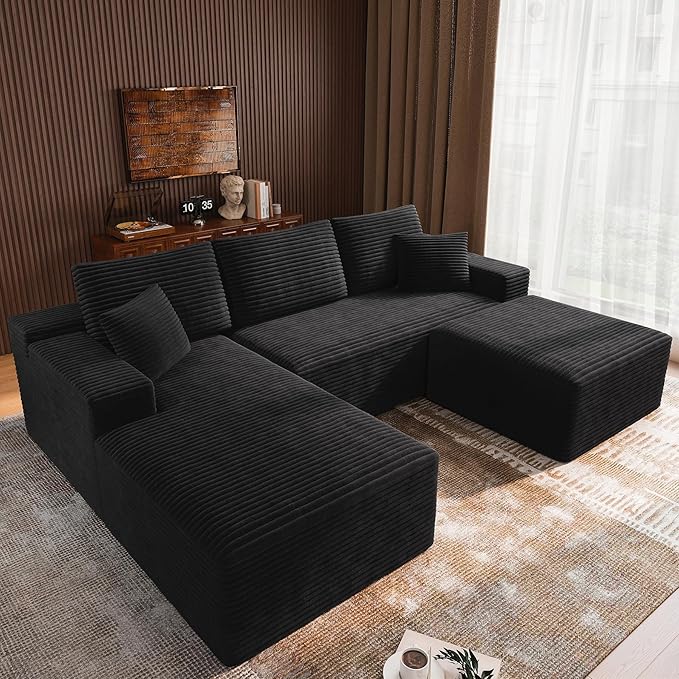 3-Piece Boneless Modular Sectional Sofa, Cloud Couch, Left Facing Chaise with Ottoman, Oversized Deep Seat, Soft Corduroy Fabric, Sectional Couch for Living Room-Black