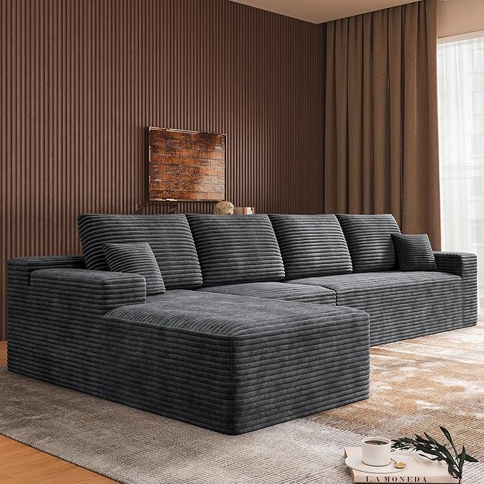 3-Piece Boneless Modular Sectional Sofa, Cloud Couch with Left Facing Chaise, Oversized Deep Seat, Soft Corduroy Fabric, Sectional Couch for Living Room-Grey