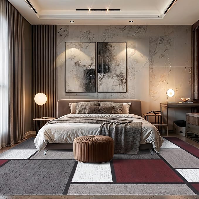 Rugshop Modern Geometric Boxes Red Area Rug, Non-Shedding Carpet for Living Room, Large Bedroom, or Open Spaces, 9' x 12'