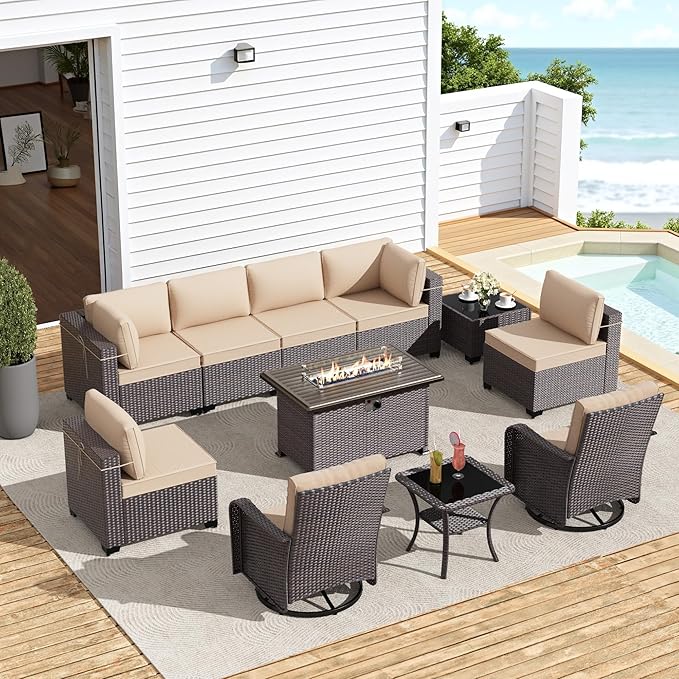Gotland 11 Pieces Patio Furniture Set with Fire Pit Table Swivel Chairs, PE Rattan Outdoor Furniture with 29.5'' High Backrest 4’’ Thick Cushions, Outdoor Sectional for Porch, Deck, Garden, Khaki