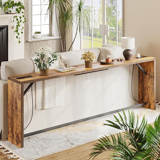TIQLAB Sofa Table, 79''L x 9.1''W (1.2'' Thickness) Long Console Table Behind Couch, Entryway Table with Angled Metal Frame, Industrial Console Table, Rustic Brown