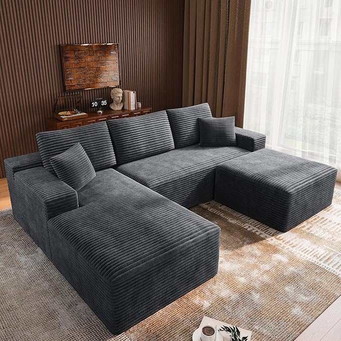 3-Piece Boneless Modular Sectional Sofa, Cloud Couch, Left Facing Chaise with Ottoman, Oversized Deep Seat, Soft Corduroy Fabric, Sectional Couch for Living Room-Grey