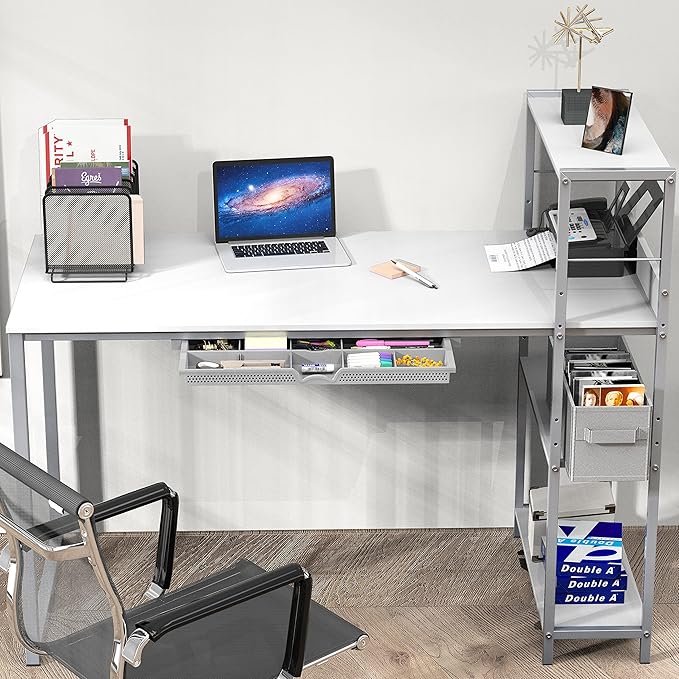 SHW 46-Inch Home Office Mission Computer Desk with Side Shelf and Drawer, White