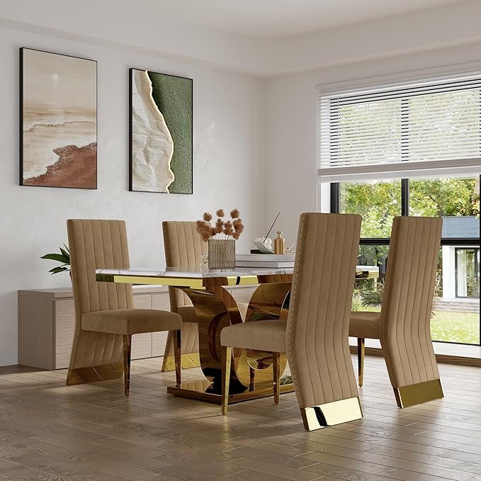 AUZ Dining Chairs with Nail Head Trim, Modern Velvet Upholstered Dining Room Chairs in Lovely Color with Polished Gold Stainless Steel Legs, Set of 2