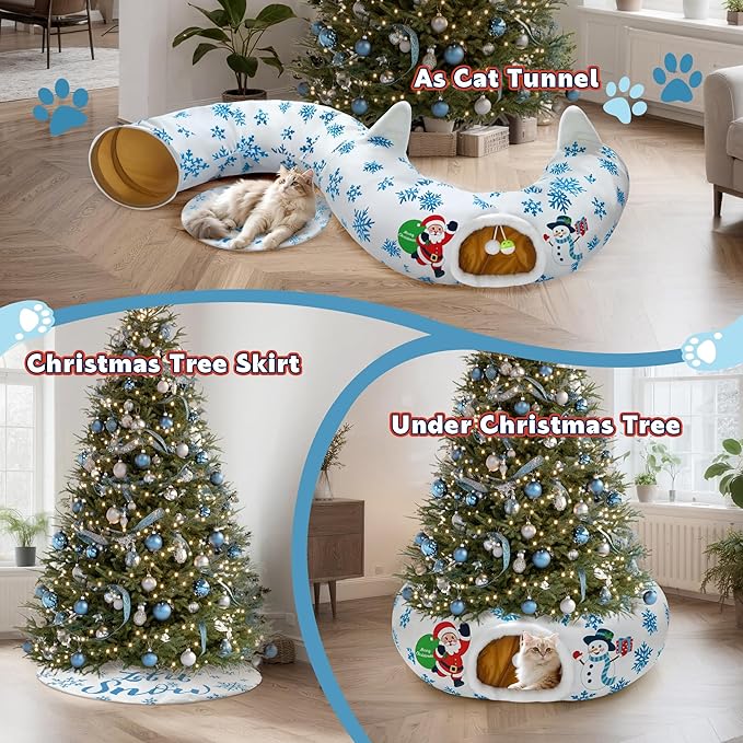 Christmas Cat Tunnel, Cat Tunnel Bed Under Christmas Tree with Hanging Toy Ball, Santa and Snowman Cats Cave Donut Tunnel Christmas Decor, Foldable Kitty Tube Tunnel for Kittens Small Animal
