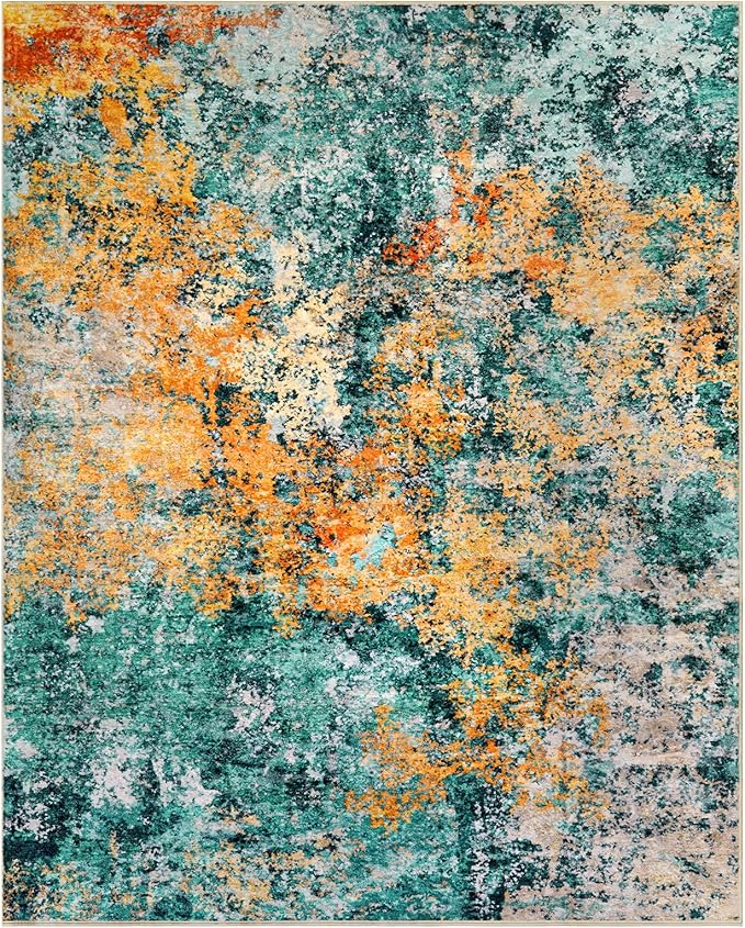 Washable Area Rug for Living Room: 8x10 Modern Abstract Neutral Soft Rug for Bedroom Dining Room No Slip Low Pile Carpet for Nursery Home Office - Teal/Orange