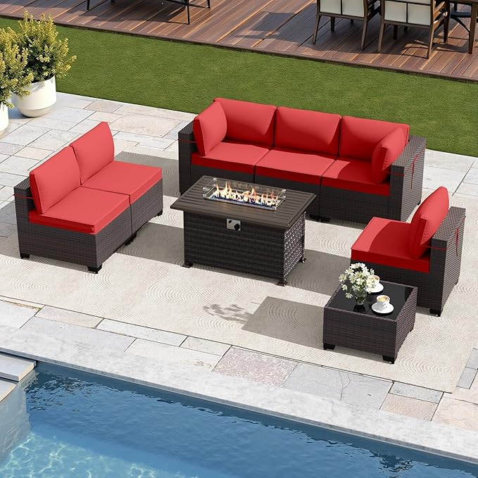Gotland 8 Pieces Patio Furniture Set with Fire Pit Table, All Weather Rattan Outdoor Furniture with 29.5'' High Backrest 4’’ Thick Cushions Coffee Table, Outdoor Sectional for Porch, Deck, Red