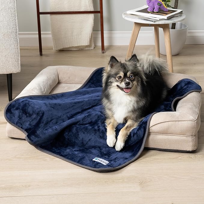PetAmi Waterproof Dog & Cat Blanket, Pee Proof for Couch & Bed, Reversible, Soft Fleece, Washable, 24x32 Navy/Gray