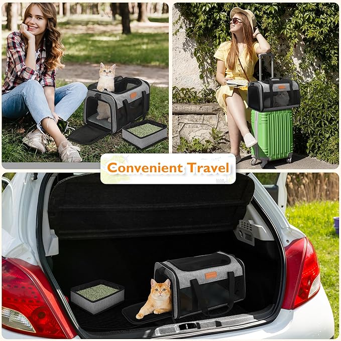 PETUX TSA Approved Pet Carrier in Cabin, 17"x11"x9.5" Cat Travel Carrier with Litter Box for Small Cats up to 12 lb, Portable Breathable Airline Approved Cat Carriers for Travel and Vet Visit, Grey