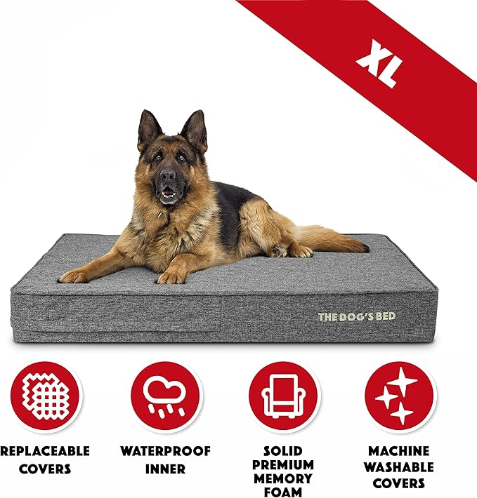 The Dog’s Bed Orthopedic Memory Foam Dog Bed, XL Grey Linen 46x28, Pain Relief for Arthritis, Hip & Elbow Dysplasia, Post Surgery, Lameness, Calming, Waterproof Washable Covers