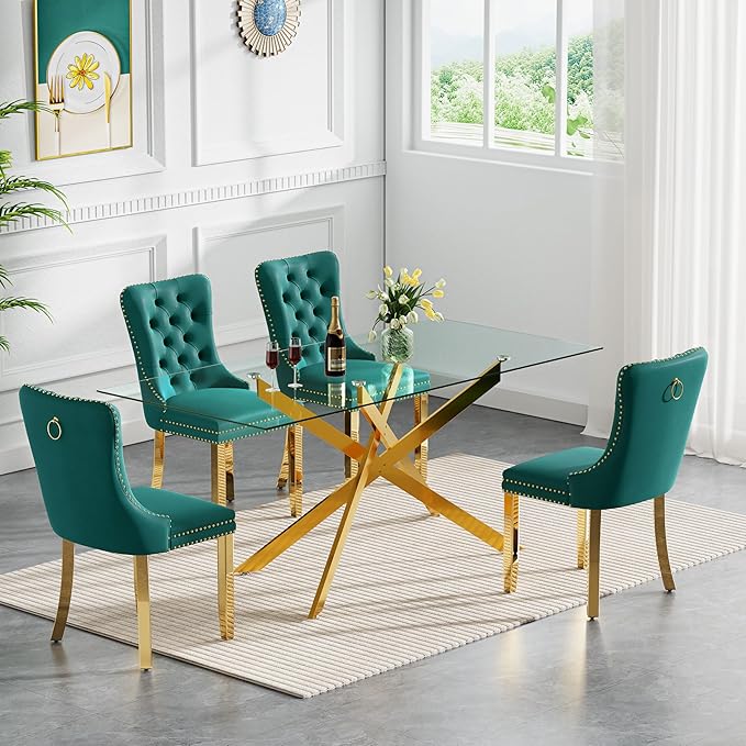 Goujxcy 7 Piece Glass Dining Table Set Modern Glass Dining Table Set for 6, 61" Rectangular Gold Kitchen Table and 6 Velvet Upholstered Chairs, Gold Table & Green Chair