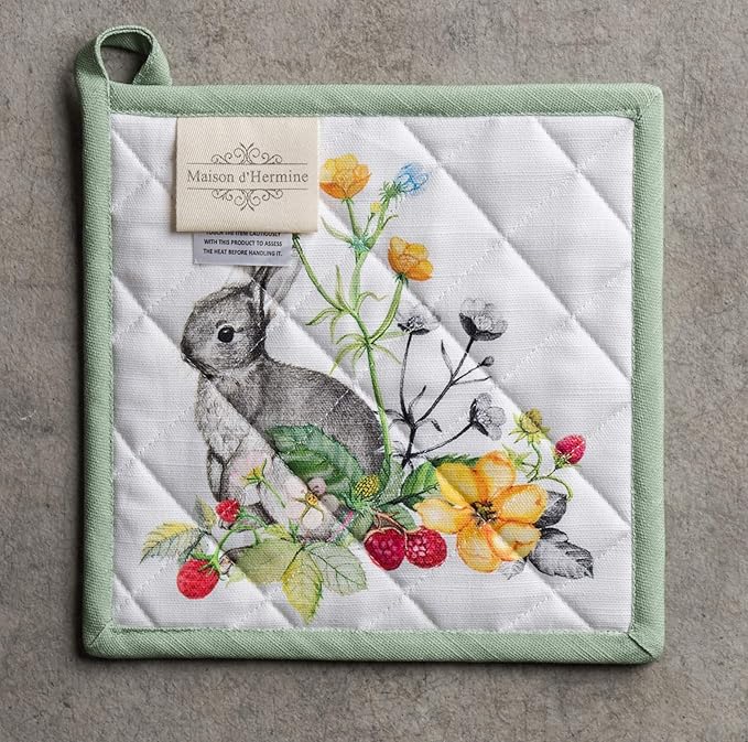 Maison d' Hermine Pot Holders 100% Cotton Heat Resistant Potholders 8" x 8" Hot Pads with Loop BBQ, Cooking, Baking, Grilling, Kitchen, Handling Hot Pans Spring/Summer (Pack of 1, Printemps)