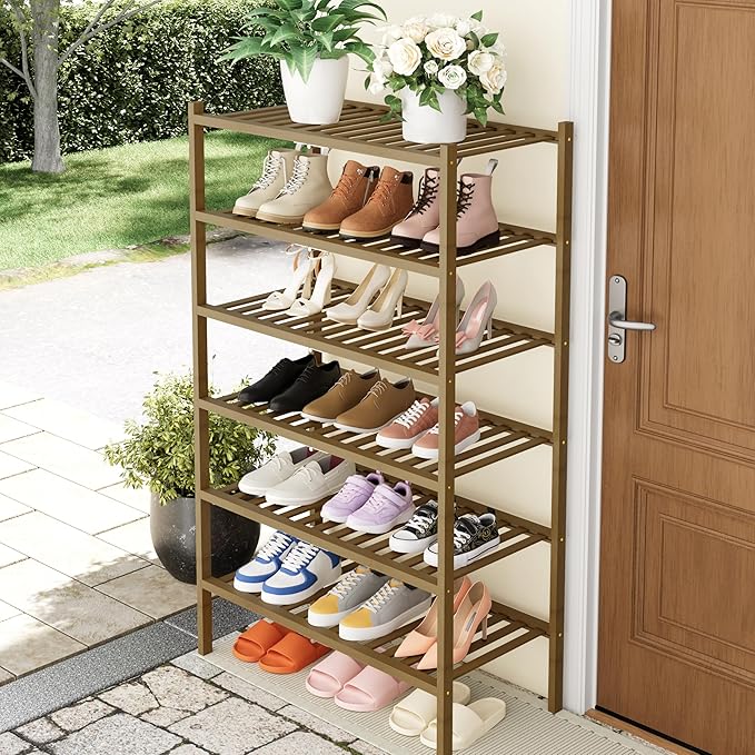 Smiry Shoe Rack, 6 Tier Thick Bamboo Shoe Organizer, Stackable Free Standing Wooden Shoe Storage Shelf for Closet, Entryway, Front Door Entrance, Walnut