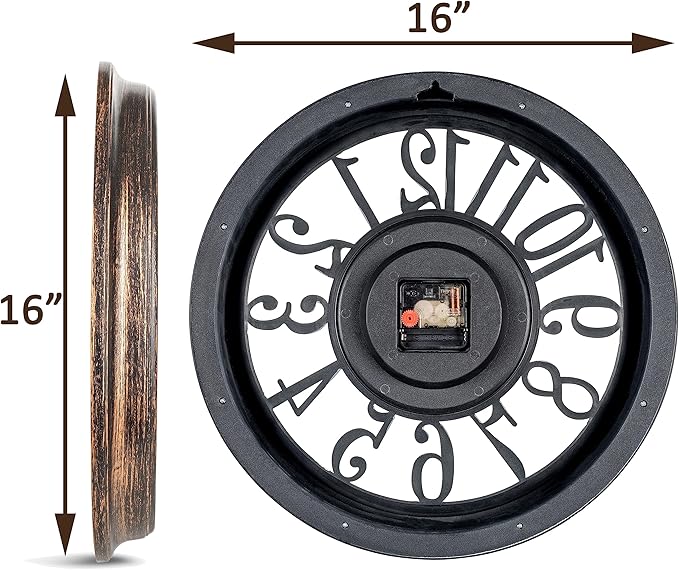 Bernhard Products Large Wall Clock 16 Inch Non Ticking Battery Operated Brown Rustic Farmhouse Vintage Design Stylish Decorative Clocks for Home/Office/Kitchen/Living Room/Bedroom