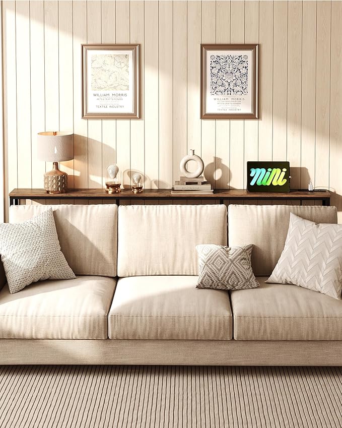 78.7'' Narrow Console Table with Power Outlet 7.1" Skinny Sofa Table, Long Behind Couch Table with Charging Station, Entryway Table for Hallway, Living Room Rustic Brown and Black TXG20UBF