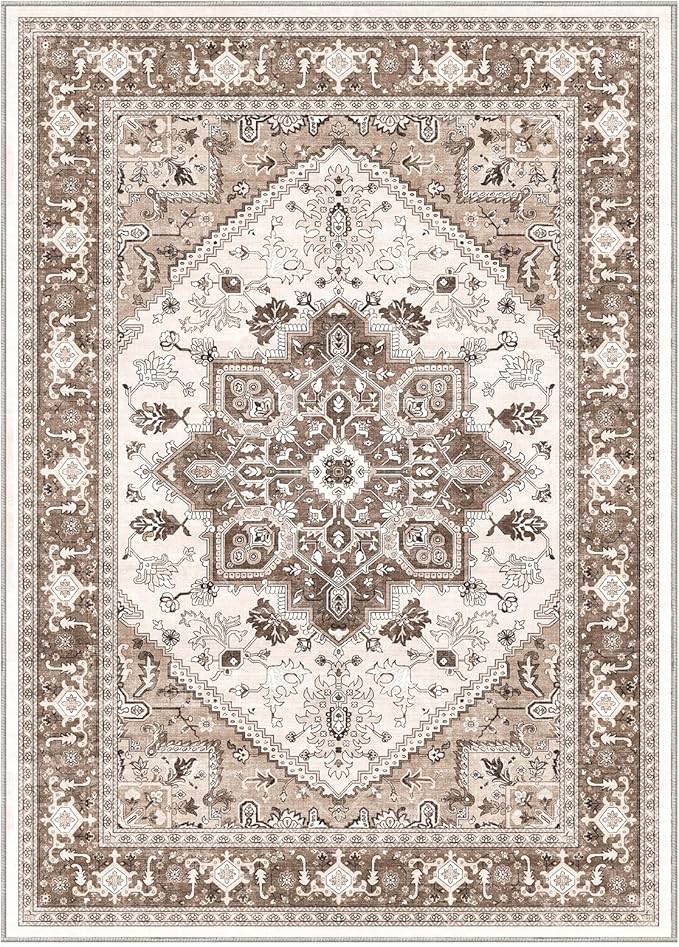 OPPODREAM Thin 8x10 Area Rugs, Washable Rugs 8x10 with Non Slip Backing, Faux Cashmere Low-Pile 8 x 10 Carpet, Khaki
