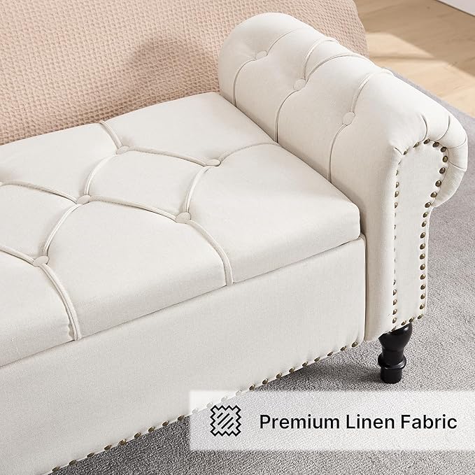 67 Inch Storage Bench for Bedroom, King Size End of Bed Bench, Upholstered Bench with Rolled Arms, Linen Tufted Button Storage Ottoman Benches, Living Room, Entryway, Beige